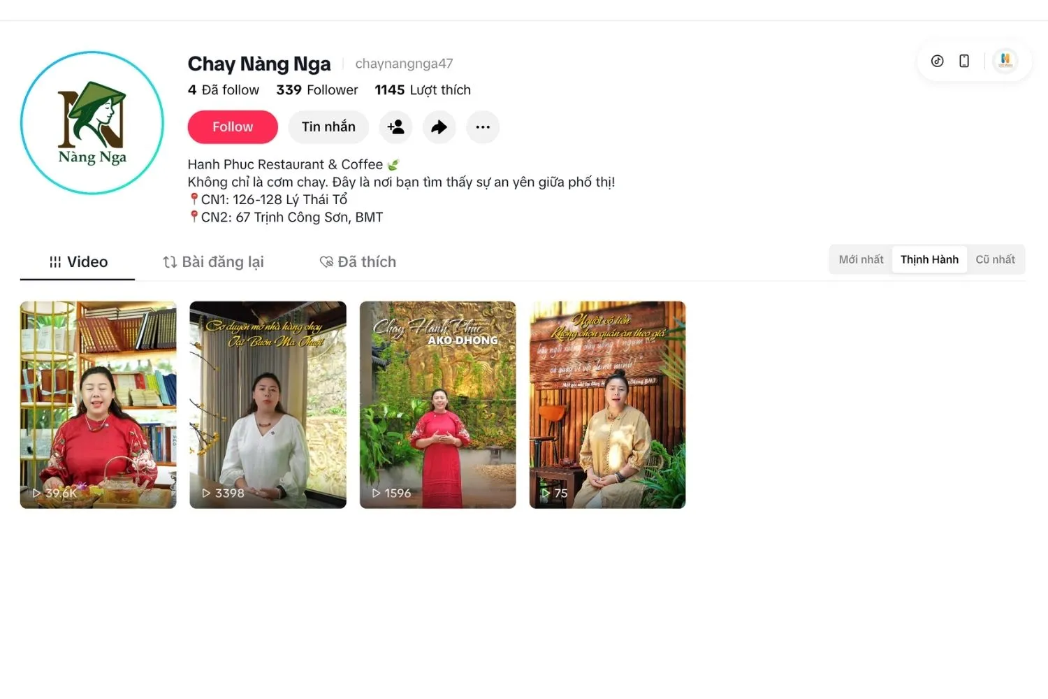 Kênh TikTok Chay Nàng Nga Buôn Ma Thuột