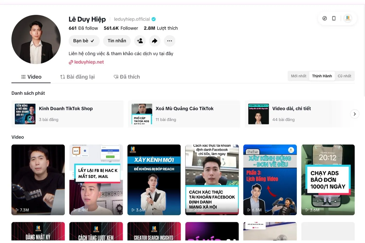Thương hiệu cá nhân Lê Duy Hiệp: kênh TikTok 561,6K follower, 2,8 triệu lượt thích