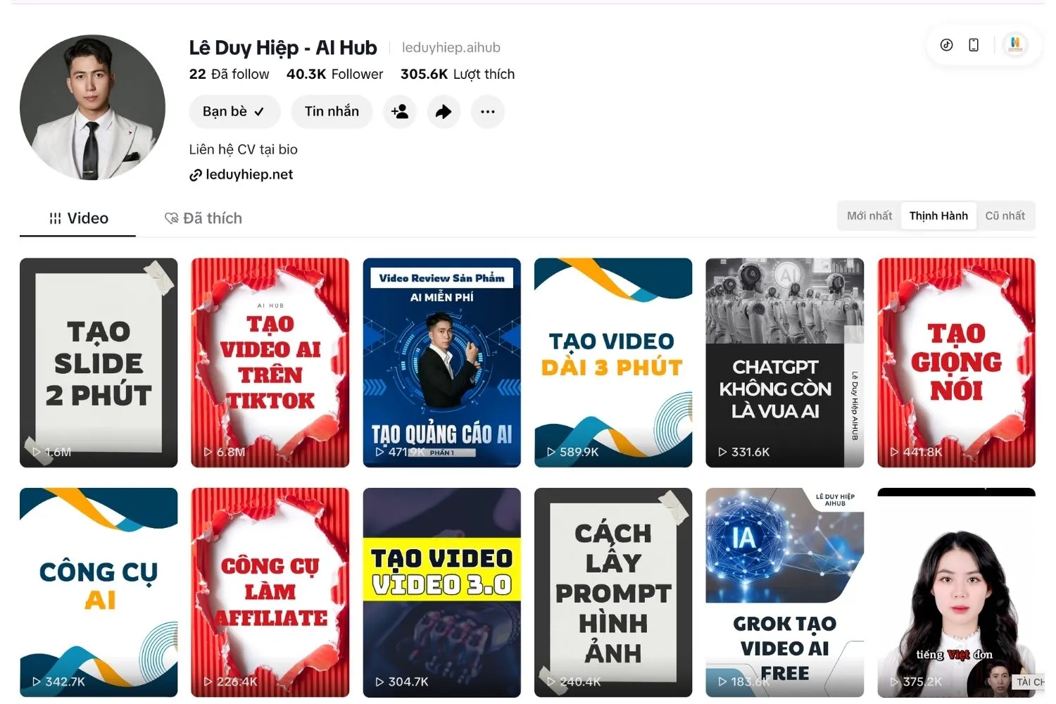 Trang hồ sơ TikTok Lê Duy Hiệp – AI Hub: 40,3K follower, 305,6K lượt thích, video về tạo slide, tạo video AI, tạo giọng nói, công cụ AI