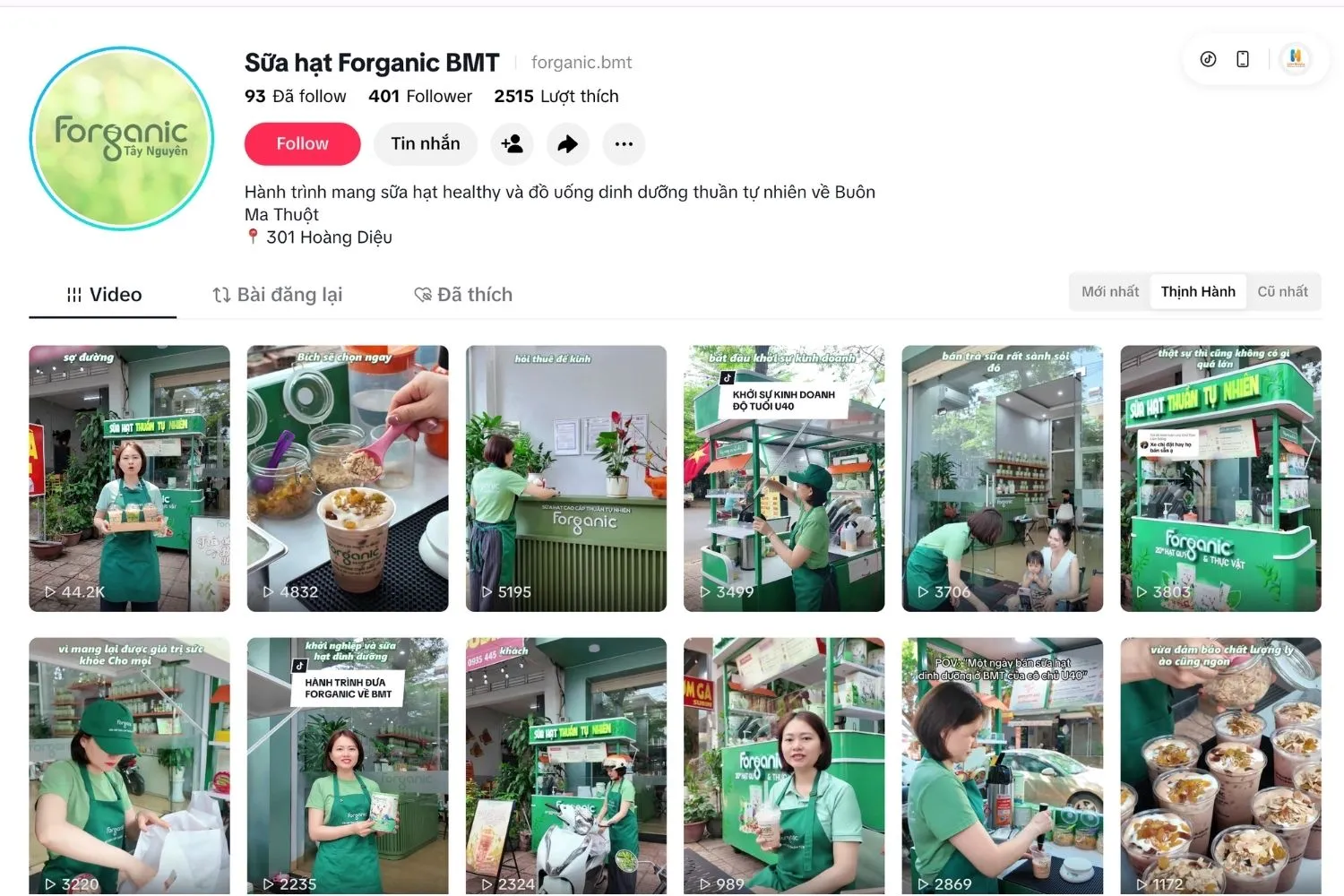 Kênh TikTok Sữa hạt Forganic BMT